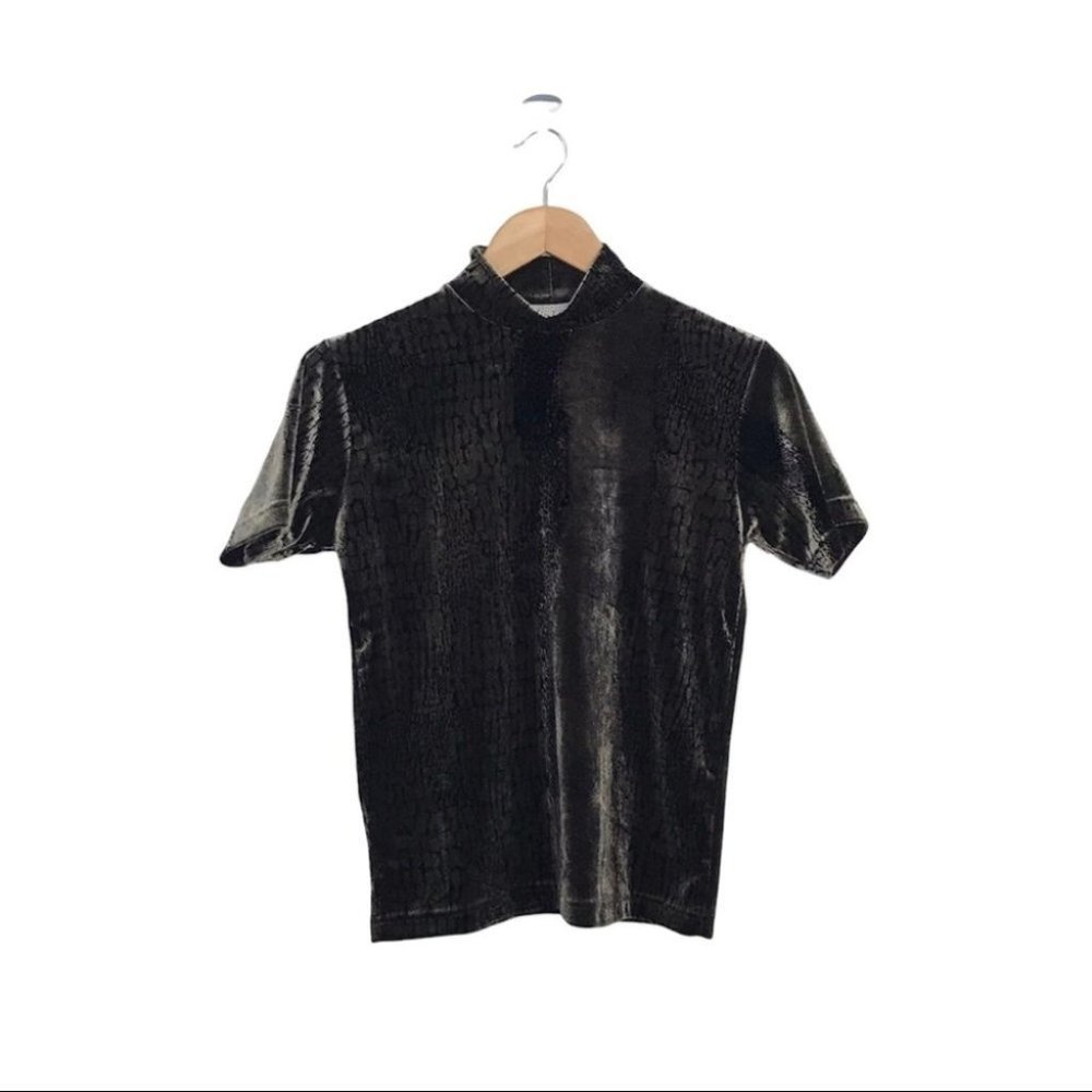 Vintage Principles  Velvet Snake Croc Alligator Print Short Sleeve Mock Neck Top